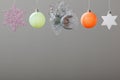 Different multi-colored toys for the Christmas tree, isolated on  background. Royalty Free Stock Photo