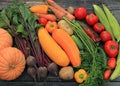 Different multi-colored vegetables and fruits on the dark background