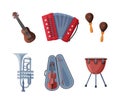 Different Musical Instrument with Accordion, Violin, Drum, Maraca, Ukulele and Horn Vector Set