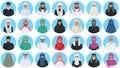 Different muslim arab people characters avatars icons set in flat style isolated on blue background. Differences islamic