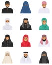 Different muslim arab people characters avatars icons set in flat style isolated on white background. Differences islamic