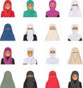 Different muslim arab people characters avatars icons set in flat style on white background. Differences