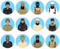 Different muslim Middle East officers and soldiers characters avatars icons set in flat style isolated on blue