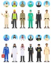 Different muslim Middle East people professions occupation characters man set in flat style. Set of avatars icons. Templates for i