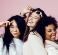 Different nation girls with diversuty in skin, hair. Asian, scandinavian, african american cheerful emotional posing on