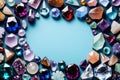 Different natural crystals and gemstones with copy space in frame. Working with minerals, isoteric practices. Royalty Free Stock Photo