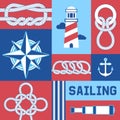 Different nautical sailor knots and ropes compass, anchor, lighthouse vector illustration. String twisted thread cable