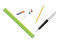 Different Objects of Stationery isolated - pen, pencil, ruler, eraser, pins, paperclips. Stationary set