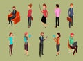 Different office people sitting and standing, using gadgets. Isometric woman and men vector illustration Royalty Free Stock Photo