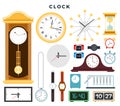 Different old and modern clocks and hand watches, set. Vector illustration, isolated on white.