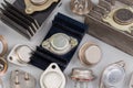Different old power transistors in metal packages on gray surface Royalty Free Stock Photo