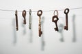 A different old retro rusty keys from different locks hanging on string Royalty Free Stock Photo