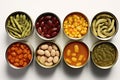 Different open canned food on old wooden background. Top view. Flat lay. Generative AI technology Royalty Free Stock Photo