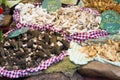 Different organic mushroom varieties at the local farmer market Royalty Free Stock Photo