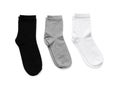 Different pairs of socks isolated on white, top view