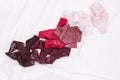 Different panties fow women. Fashion trendy lace lingerie. Colorful underwear scattered on bed sheet