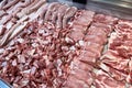 Different parts of meat pork display in supermarket. Cooled fresh meat and good cuisine material