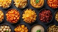 Different pasta bowls , simmetrical ordered food, as a pattern , top view, Royalty Free Stock Photo