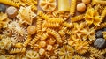 Different pasta bowls , simmetrical ordered food, as a pattern , top view, Royalty Free Stock Photo