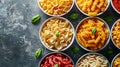 Different pasta bowls , simmetrical ordered food, as a pattern , top view, Royalty Free Stock Photo
