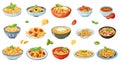 Different pasta meals. Italian cuisine dishes, spaghetti and penne with cheese and tomatoes. Homemade noodles and tomato Royalty Free Stock Photo
