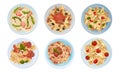 Different Pasta Served on Plate Top View Vector Set