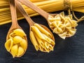 Different pasta types in wooden spoons on the table. Top view