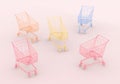Banner of different pastel colored shopping carts on pink background. Black Friday sales fuss minimalistic concept