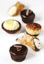 Different pastries: cannoli with ricotta, tartlets filled with citrus cream, fudge cake, tiramisu cake