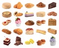 Different pastry isolated on white. Set of cakes, buns and other baked goods Royalty Free Stock Photo