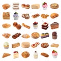 Different pastry isolated on white. Set of cakes, buns and other baked goods Royalty Free Stock Photo