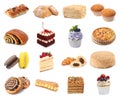 Different pastry isolated on white. Set of cakes, buns and other baked goods Royalty Free Stock Photo