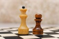 Different pawn and queen stand on chessboard