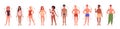 Different people body shape types infographic vector illustration set. Cartoon diverse group of man woman characters in