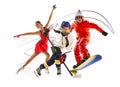 Different people of diverse age and gender, hockey, ice skating and skateboarding athletes in motions isolated over Royalty Free Stock Photo