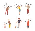 Different people feeding, making selfie with pigeons while walking in park set cartoon vector illustration