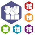 Different people hands raised up icons set hexagon Royalty Free Stock Photo