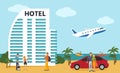 People came for summer rest, beach vacation and water activity by aircraft and car vector illustration. Tourists makes