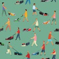 Different people mow grass with lawn mowers. Seamless pattern Royalty Free Stock Photo