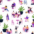 Different people relaxing at outdoor cafe sitting table seamless pattern. Various visitors of summer street coffeehouse