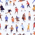 Different people skating on a skating rink seamless pattern. Various man, woman and children ride on ice skates vector Royalty Free Stock Photo