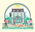 Different people walking in the park near the building cafe . Flat style vector illustration