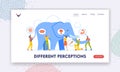 Different Perceptions Landing Page Template. Blindfolded People Touching Elephant Parts. Blind Characters Viewpoints Royalty Free Stock Photo