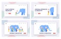 Different Perceptions Landing Page Template Set. Blindfolded People Touching Elephant Parts. Blind Characters Viewpoints