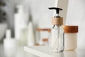 Different personal care products on shelf in bathroom, closeup. Space for text Royalty Free Stock Photo