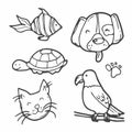 Different pets in various poses. Hand drawn vector set of home pets goldfish, cat, dog, parrot, turtle. Simple minimal trendy