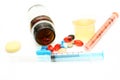 Different pharmacological preparations - tablets, syringes, syrup and pills Royalty Free Stock Photo
