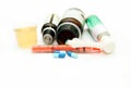 Different pharmacological preparations - tablets, syringes, syrup and pills Royalty Free Stock Photo