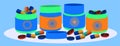 Different pharmacy purchases. Medical bottles blue and green color and pills and bottles. Vector concept health care objects Royalty Free Stock Photo