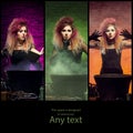 Different photos of young and beautiful witch making witchcraft in dungeon Halloween collection Royalty Free Stock Photo